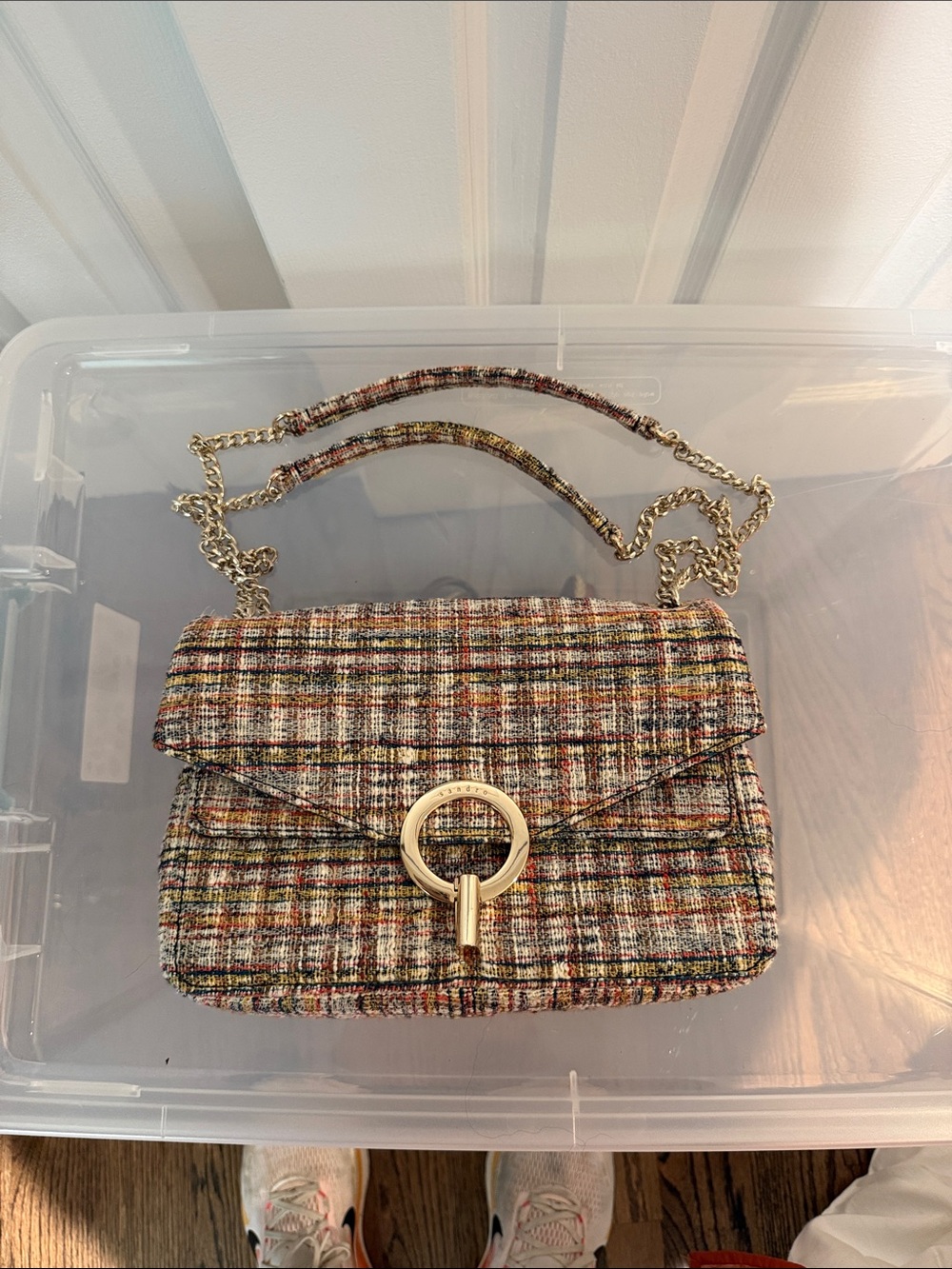 Sandro Multicolor Tweed Shoulder Bag with Gold Ring
